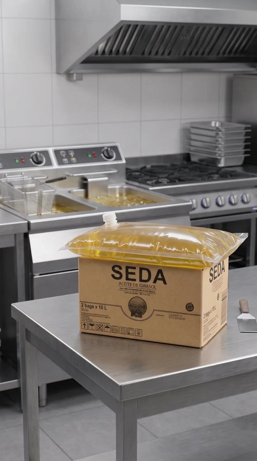 Caja SEDA con la bag de aceite de girasol alto oleico de 10 litros en una cocina profesional